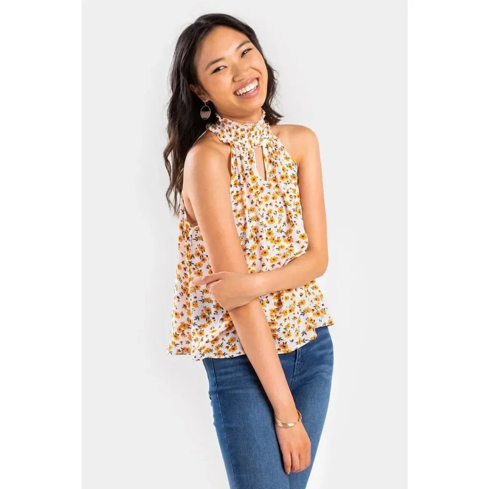 Dizzy Gal Brinn Sunny Floral Keyhole Tank Top, Size Large